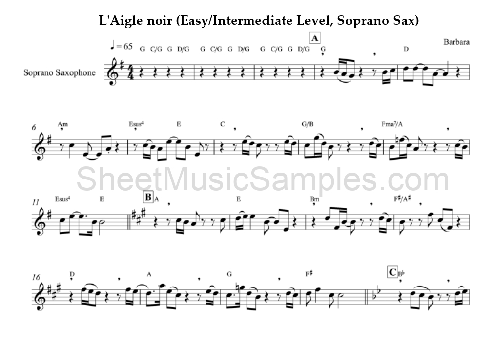 L'Aigle noir (Easy/Intermediate Level, Soprano Sax)