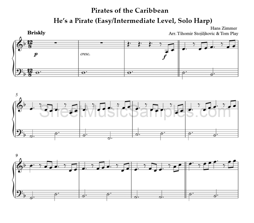 Pirates of the Caribbean - He’s a Pirate (Easy/Intermediate Level, Solo Harp)