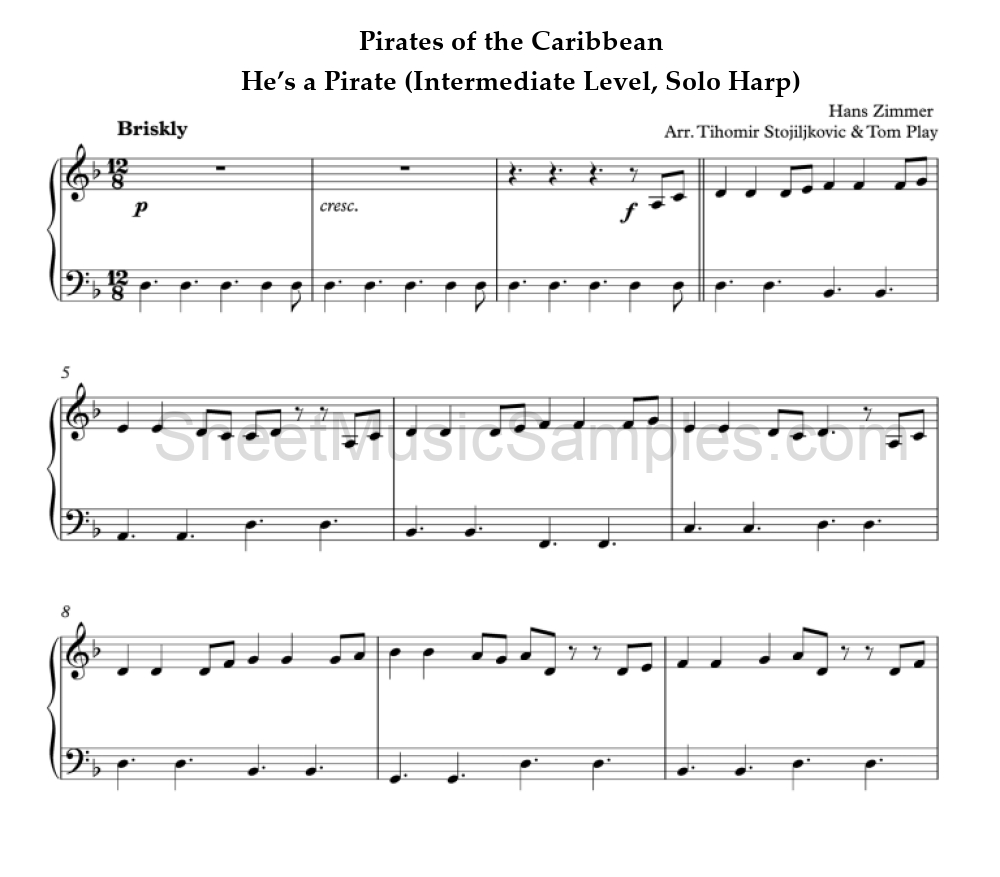 Pirates of the Caribbean - He’s a Pirate (Intermediate Level, Solo Harp)