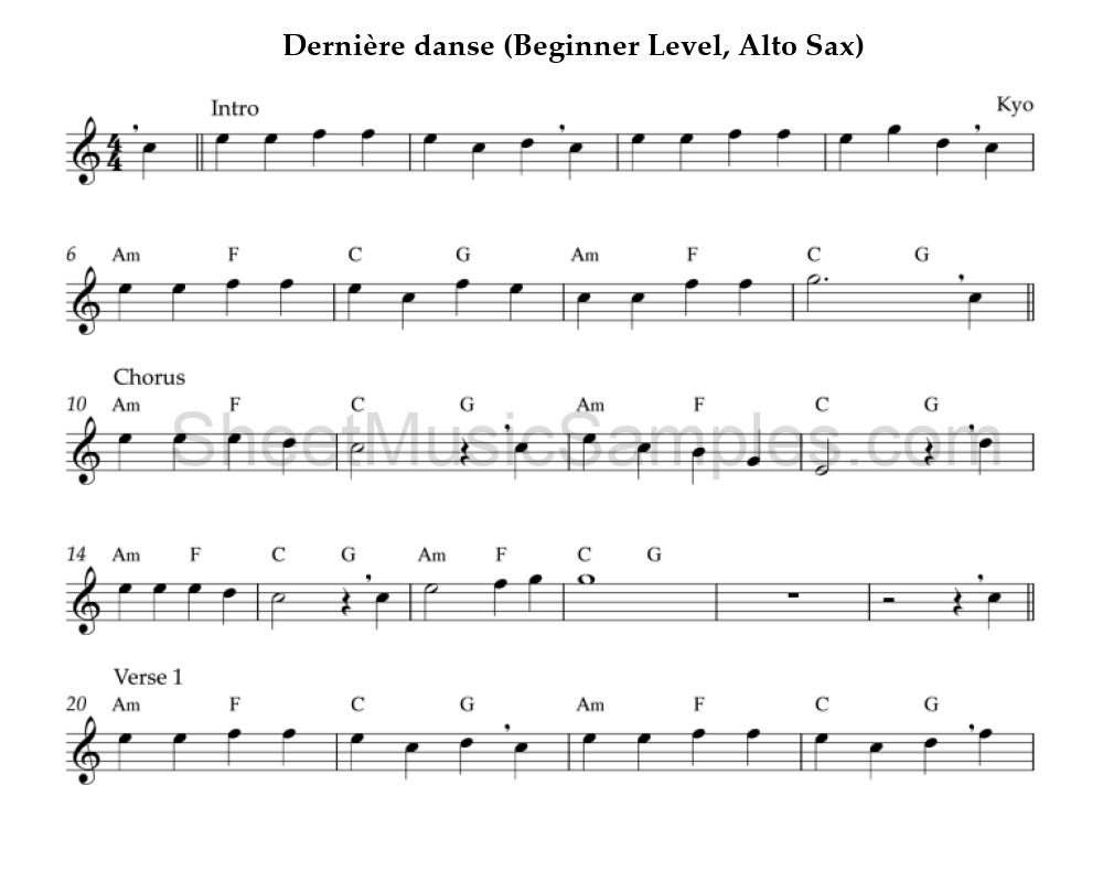 Dernière danse (Beginner Level, Alto Sax)