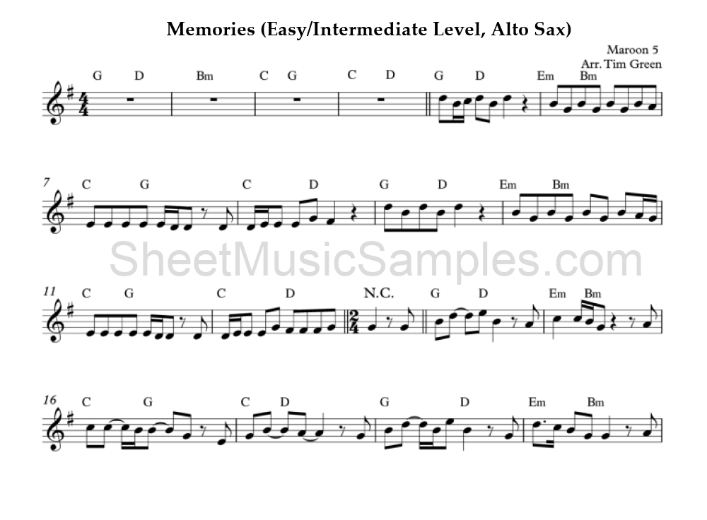 Memories (Easy/Intermediate Level, Alto Sax)