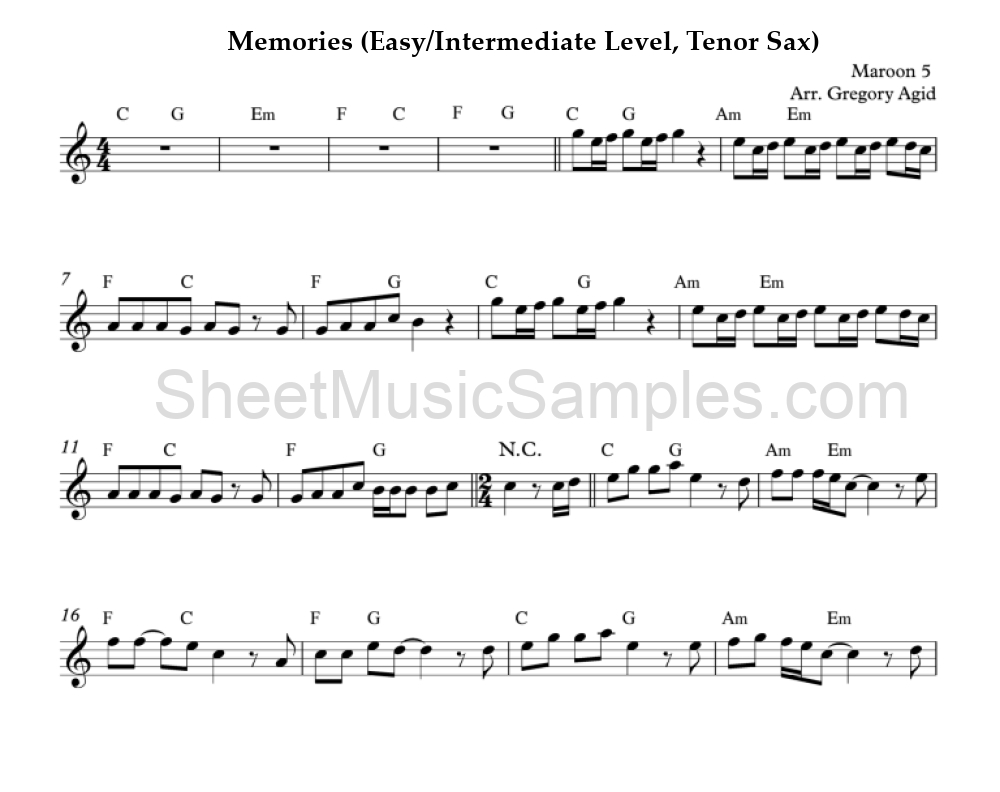 Memories (Easy/Intermediate Level, Tenor Sax)