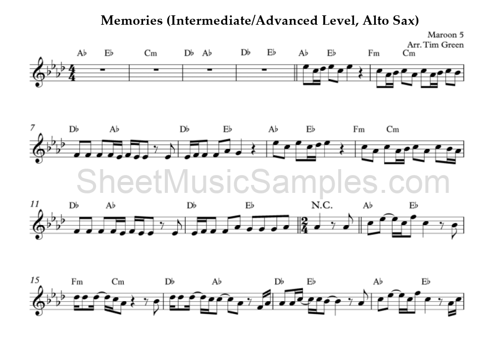 Memories (Intermediate/Advanced Level, Alto Sax)