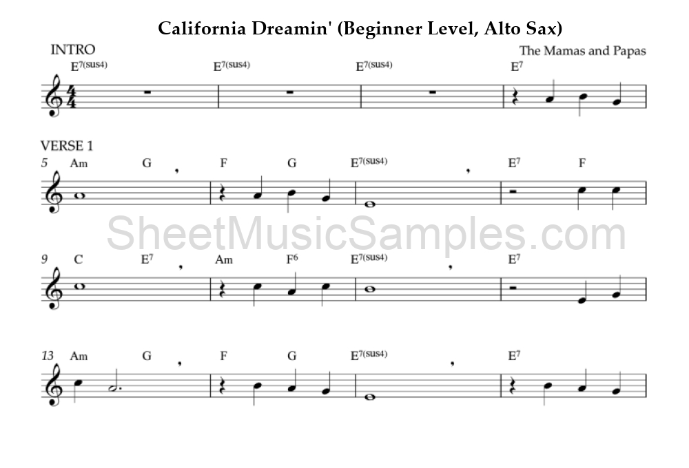 California Dreamin' (Beginner Level, Alto Sax)