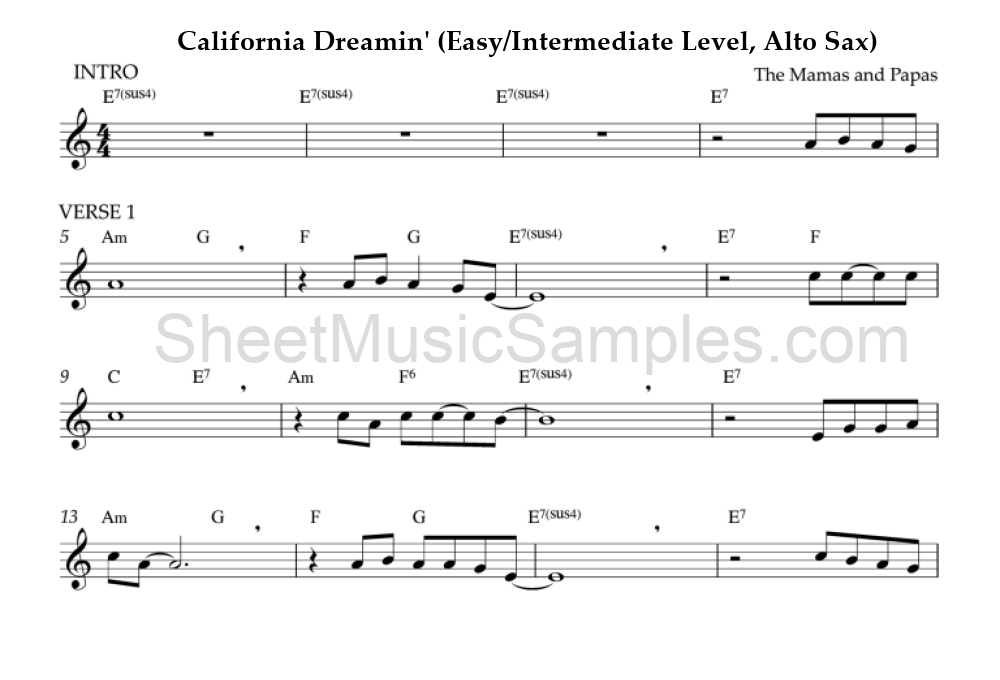 California Dreamin' (Easy/Intermediate Level, Alto Sax)