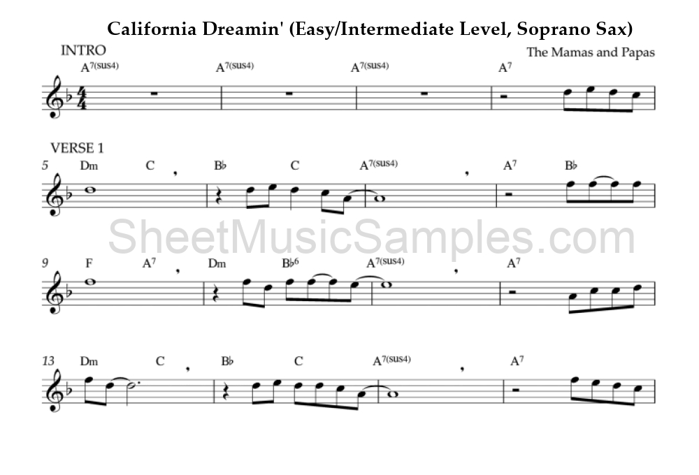 California Dreamin' (Easy/Intermediate Level, Soprano Sax)