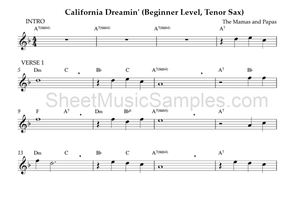 California Dreamin' (Beginner Level, Tenor Sax)