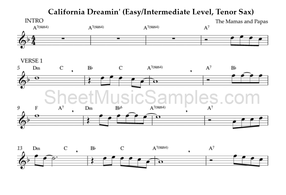 California Dreamin' (Easy/Intermediate Level, Tenor Sax)