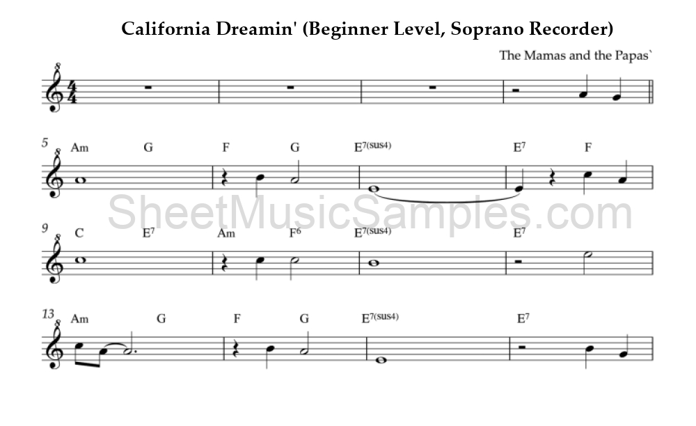 California Dreamin' (Beginner Level, Soprano Recorder)