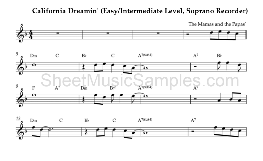 California Dreamin' (Easy/Intermediate Level, Soprano Recorder)