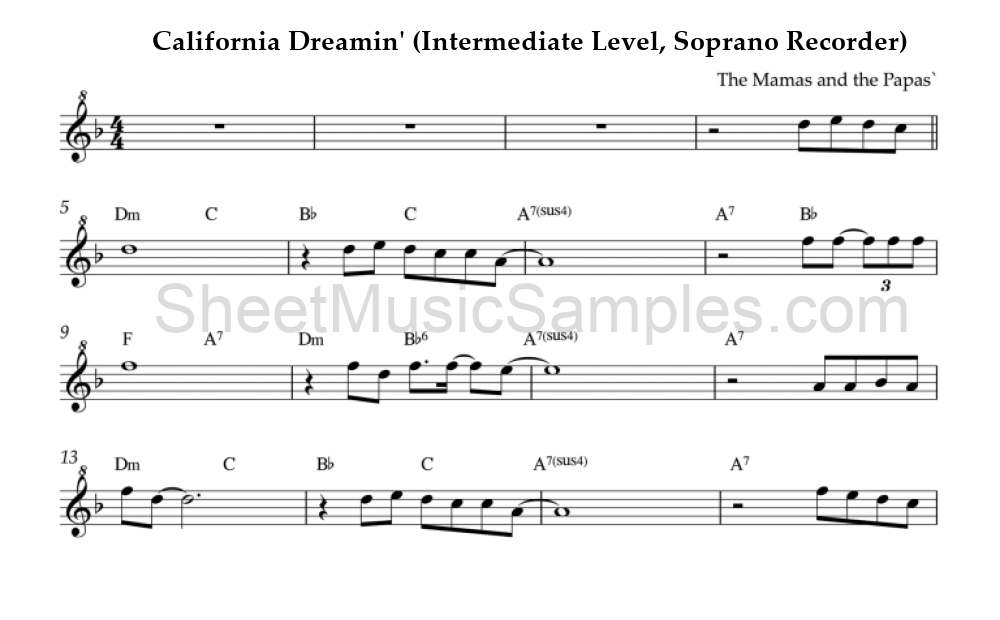 California Dreamin' (Intermediate Level, Soprano Recorder)