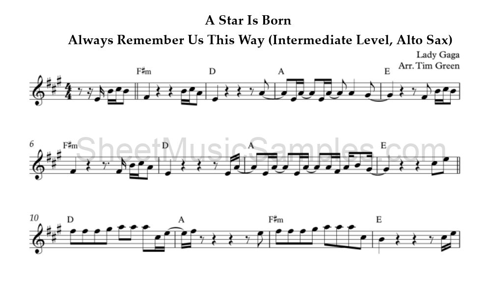 A Star Is Born - Always Remember Us This Way (Intermediate Level, Alto Sax)