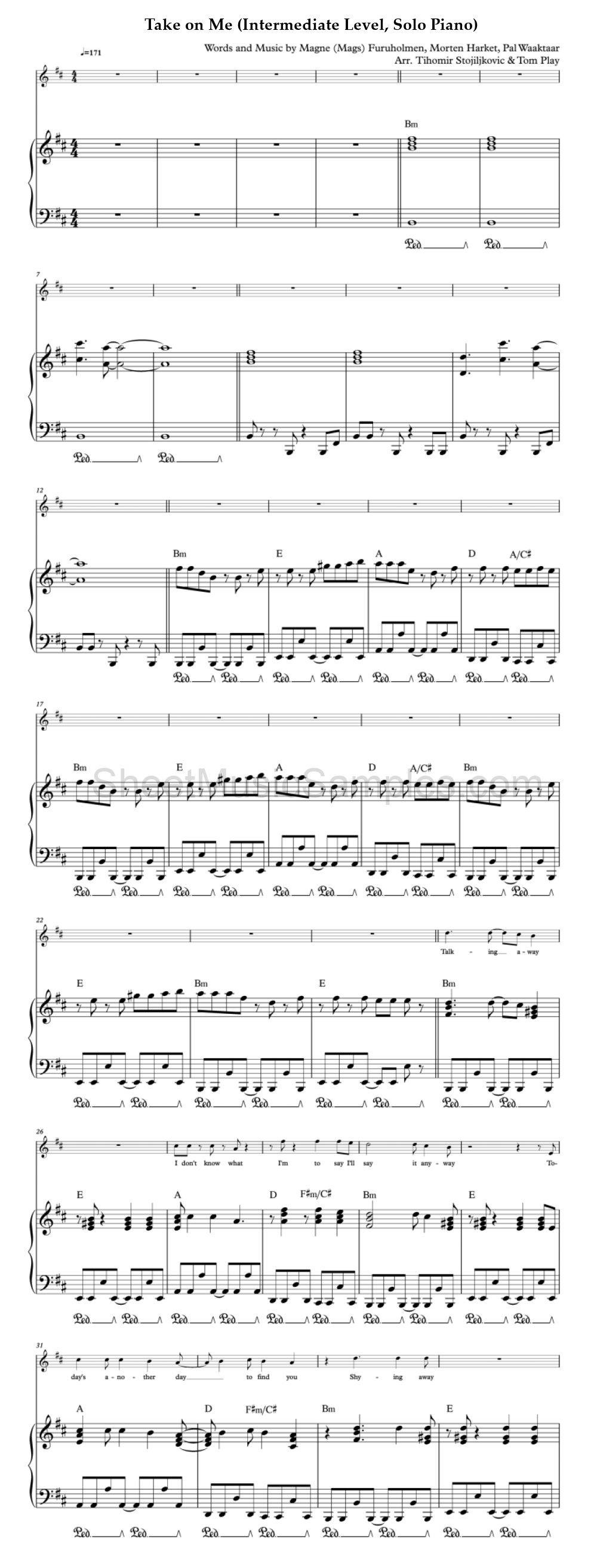 Take on Me (Intermediate Level, Solo Piano)