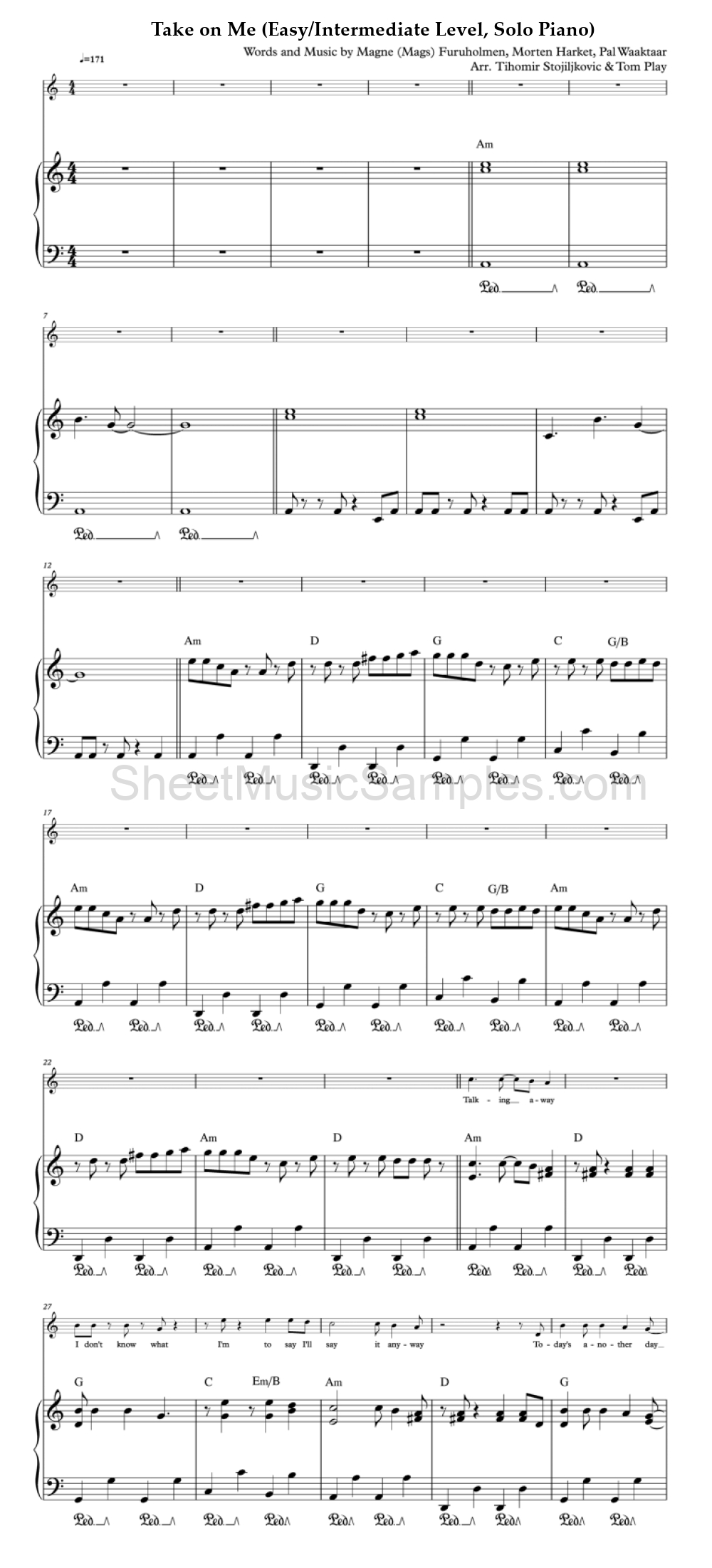 Take on Me (Easy/Intermediate Level, Solo Piano)