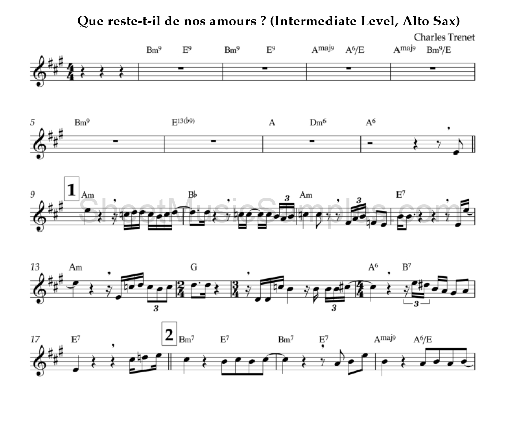 Que reste-t-il de nos amours ? (Intermediate Level, Alto Sax)