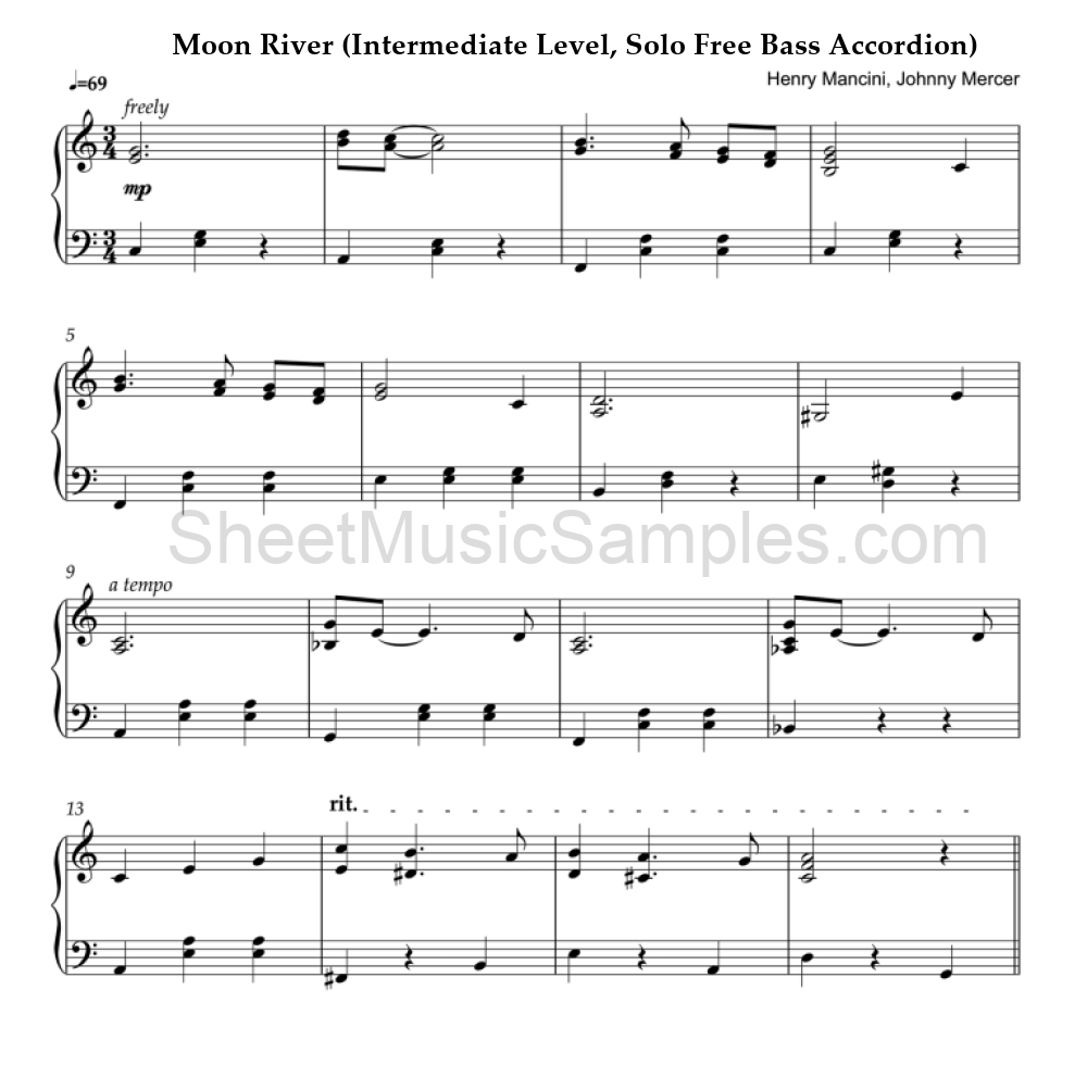 Moon River (Intermediate Level, Solo Free Bass Accordion)