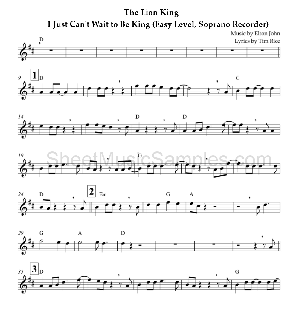 The Lion King - I Just Can't Wait to Be King (Easy Level, Soprano Recorder)