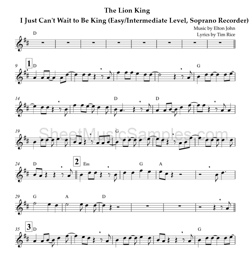 The Lion King - I Just Can't Wait to Be King (Easy/Intermediate Level, Soprano Recorder)