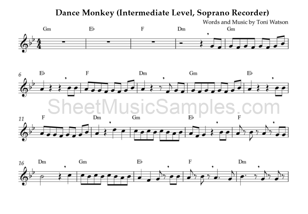 Dance Monkey (Intermediate Level, Soprano Recorder)