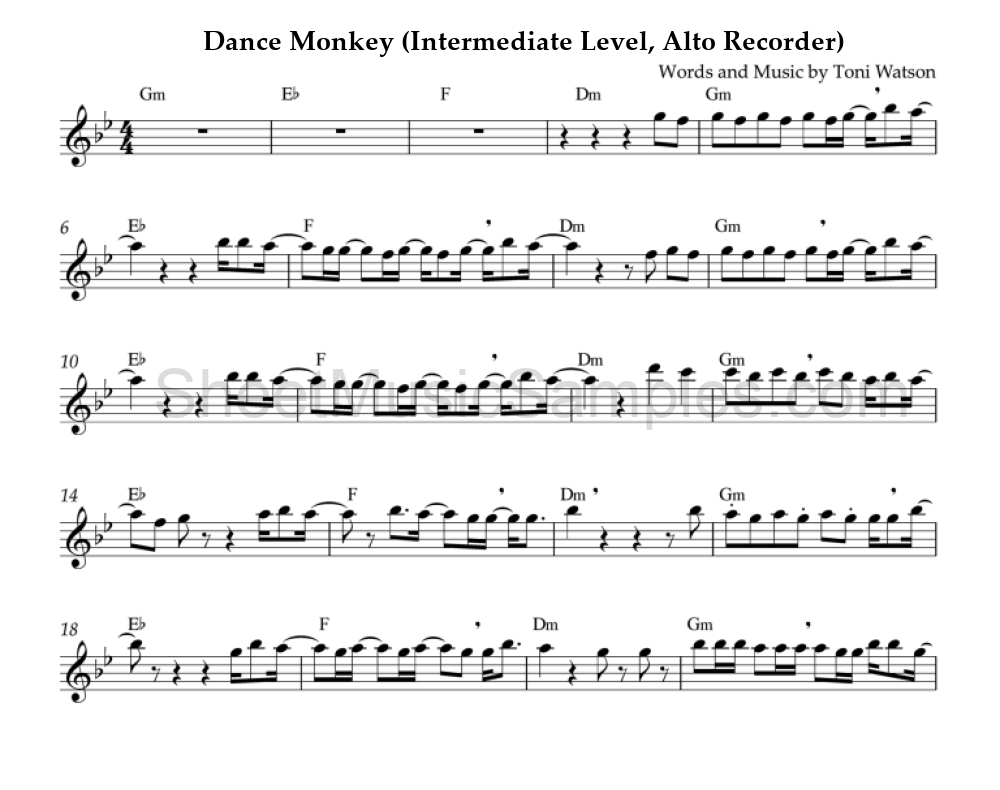 Dance Monkey (Intermediate Level, Alto Recorder)