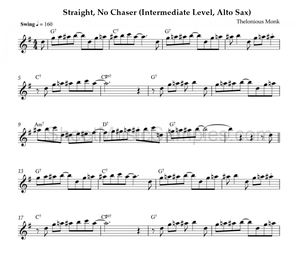 Straight, No Chaser (Intermediate Level, Alto Sax)