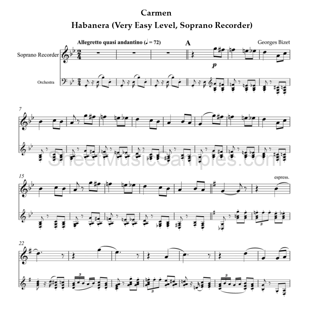 Carmen - Habanera (Very Easy Level, Soprano Recorder)