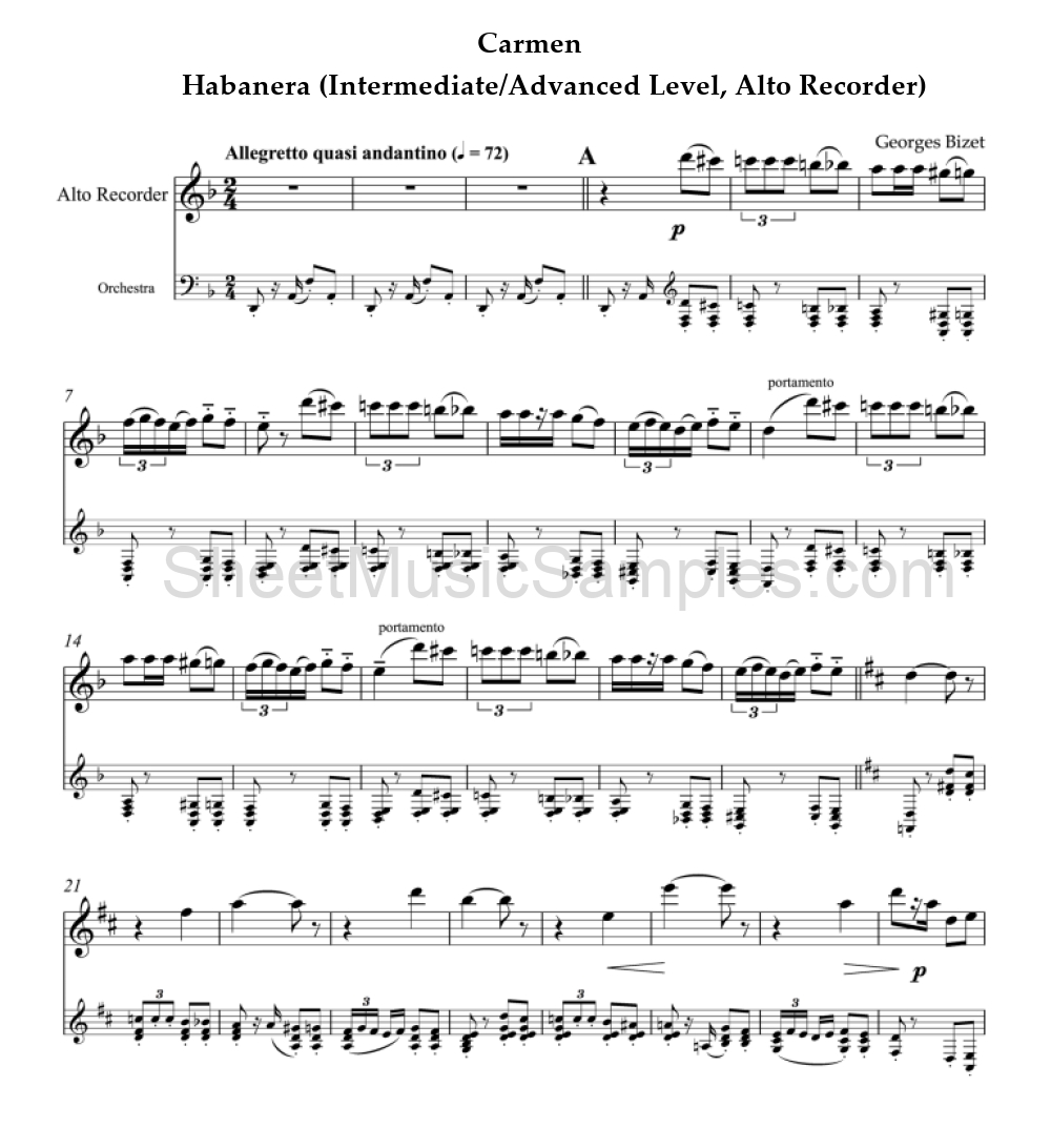 Carmen - Habanera (Intermediate/Advanced Level, Alto Recorder)