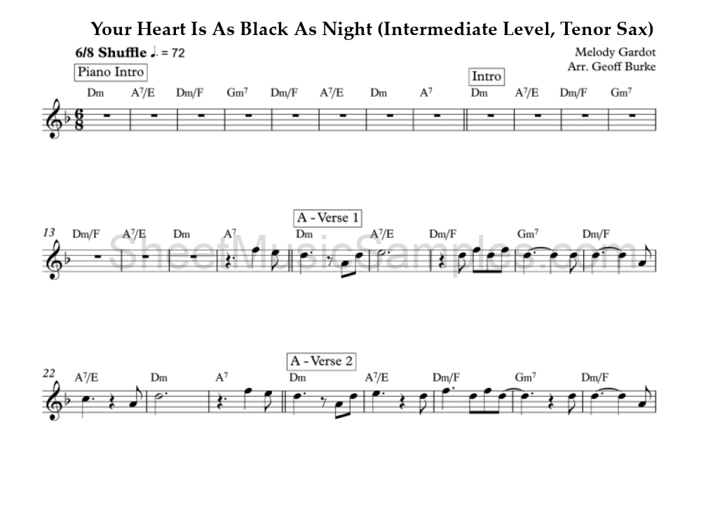 Your Heart Is As Black As Night (Intermediate Level, Tenor Sax)