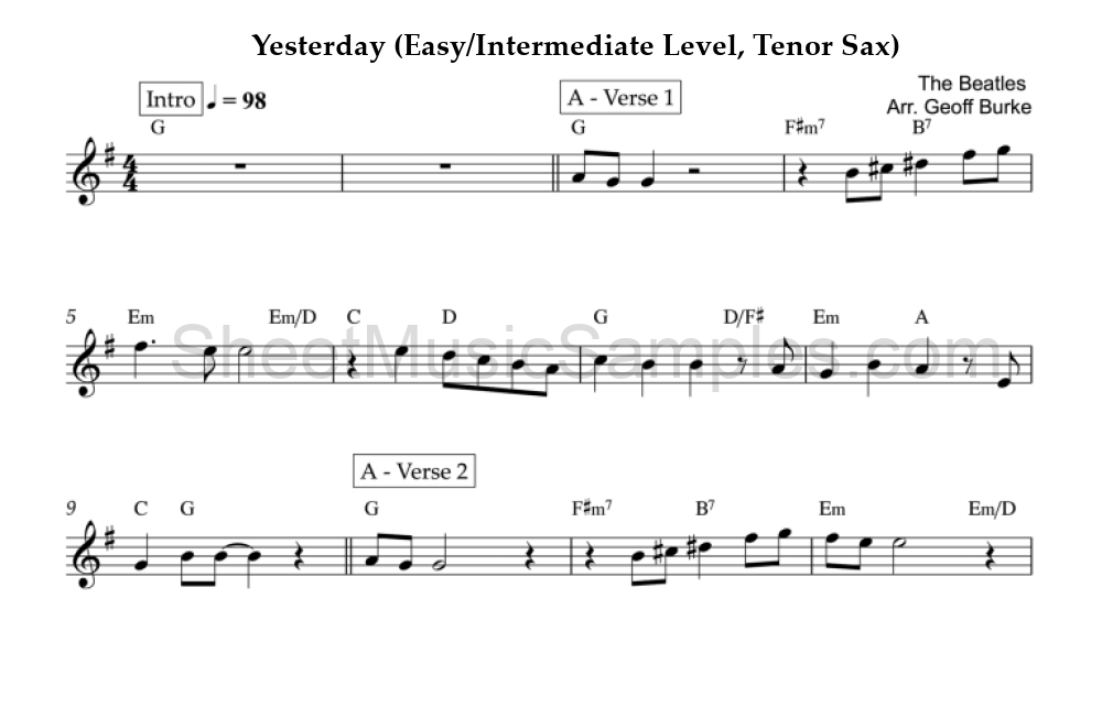 Yesterday (Easy/Intermediate Level, Tenor Sax)