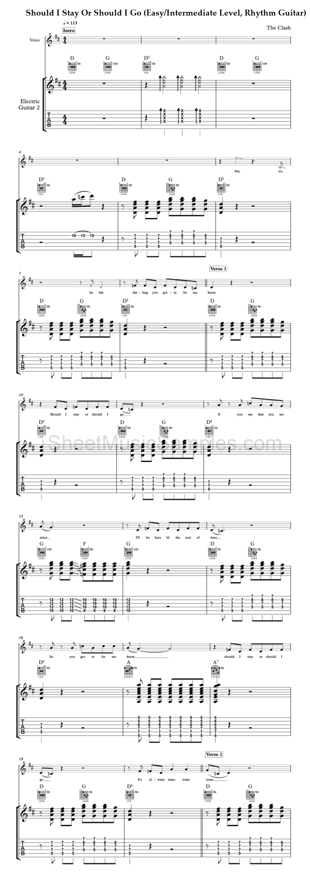 Should I Stay Or Should I Go (Easy/Intermediate Level, Rhythm Guitar)