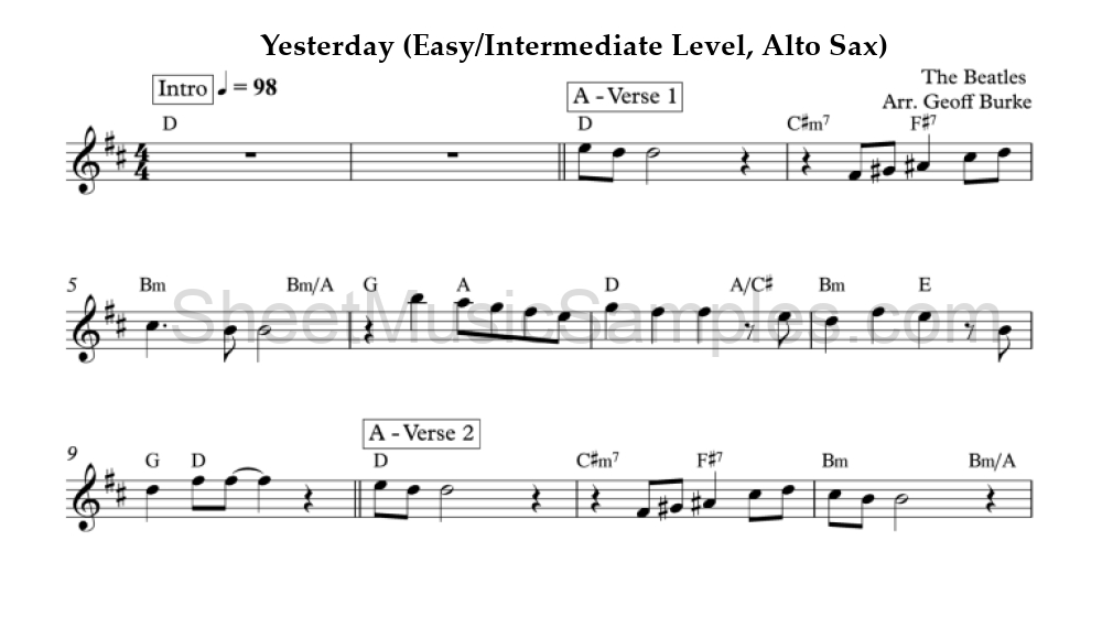 Yesterday (Easy/Intermediate Level, Alto Sax)