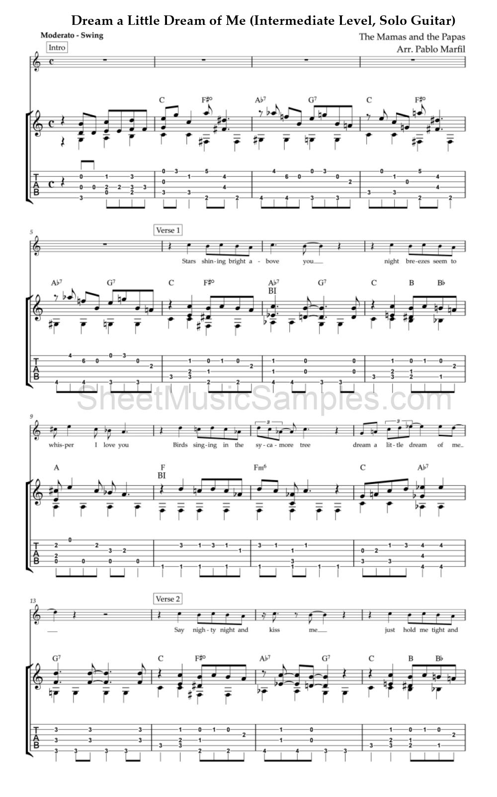 Dream a Little Dream of Me (Intermediate Level, Solo Guitar)