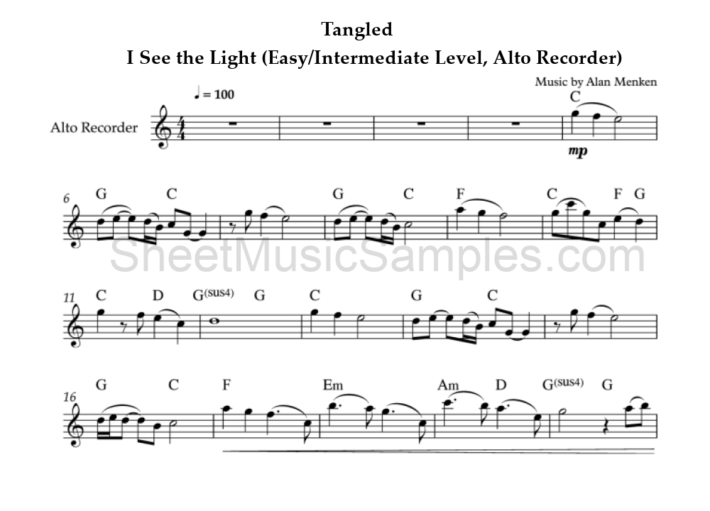 Tangled - I See the Light (Easy/Intermediate Level, Alto Recorder)