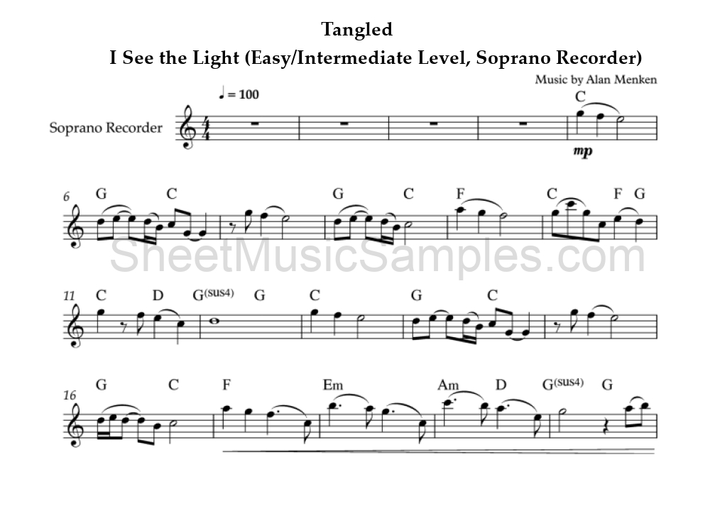 Tangled - I See the Light (Easy/Intermediate Level, Soprano Recorder)