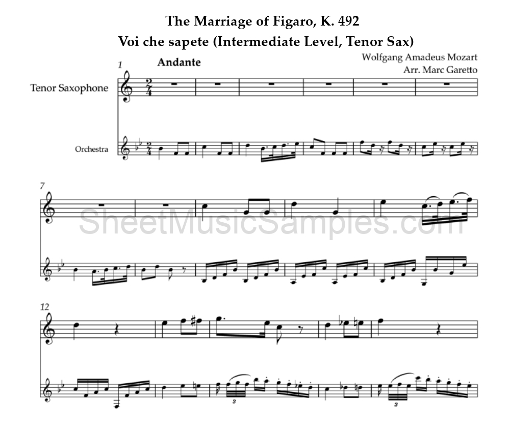 The Marriage of Figaro, K. 492 - Voi che sapete (Intermediate Level, Tenor Sax)