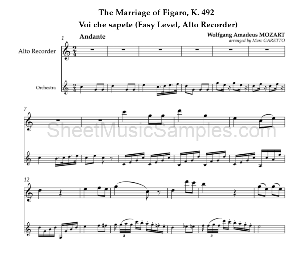 The Marriage of Figaro, K. 492 - Voi che sapete (Easy Level, Alto Recorder)