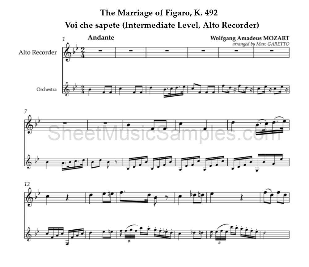 The Marriage of Figaro, K. 492 - Voi che sapete (Intermediate Level, Alto Recorder)