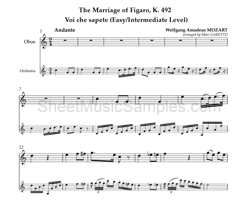 The Marriage of Figaro, K. 492 - Voi che sapete (Easy/Intermediate Level)