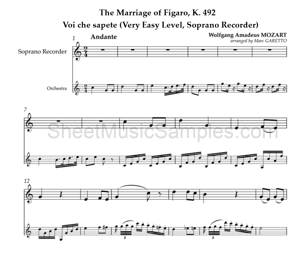 The Marriage of Figaro, K. 492 - Voi che sapete (Very Easy Level, Soprano Recorder)