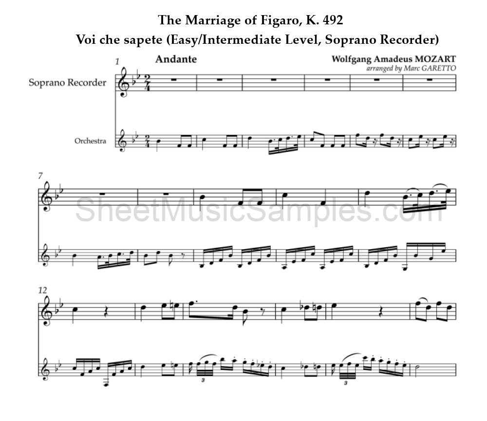 The Marriage of Figaro, K. 492 - Voi che sapete (Easy/Intermediate Level, Soprano Recorder)