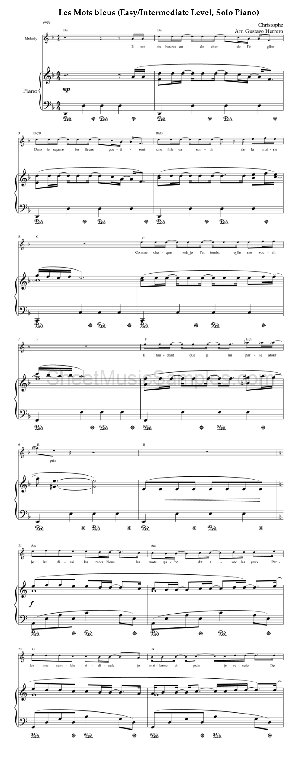 Les Mots bleus (Easy/Intermediate Level, Solo Piano)