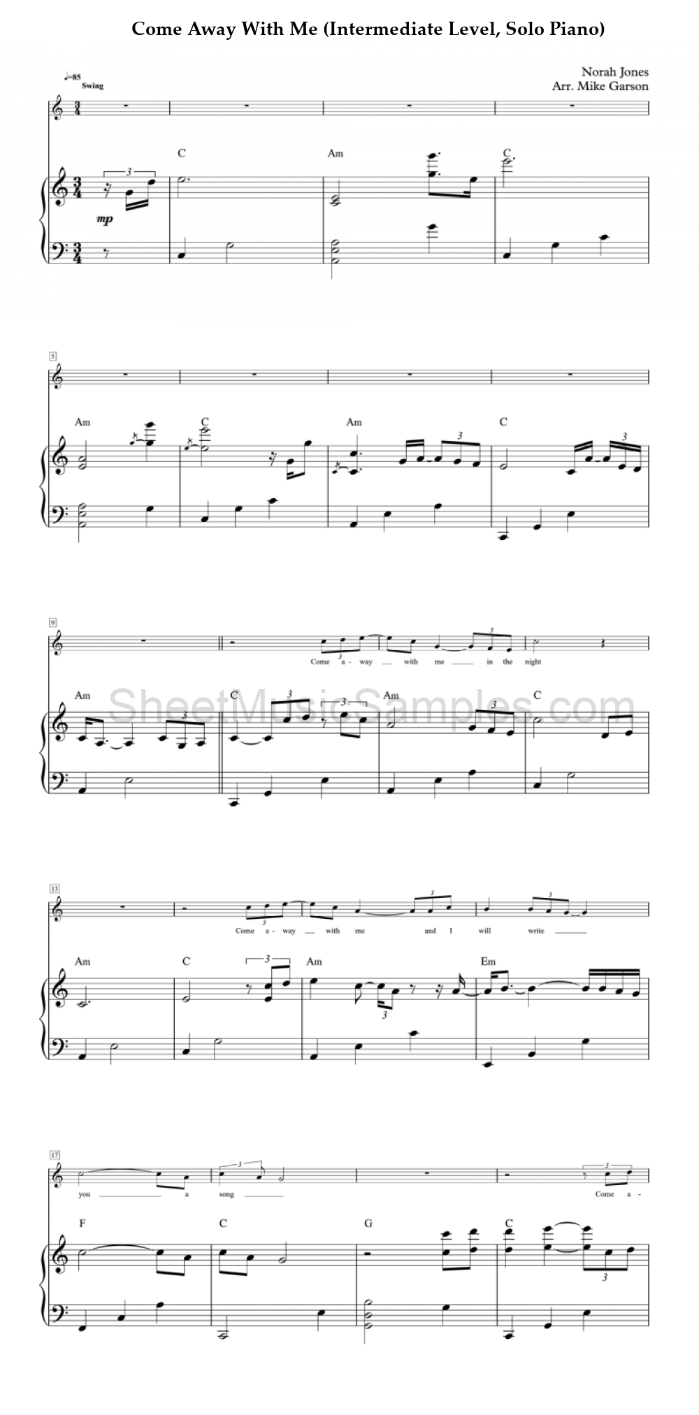 Come Away With Me (Intermediate Level, Solo Piano)