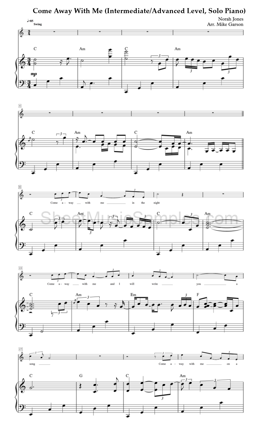 Come Away With Me (Intermediate/Advanced Level, Solo Piano)