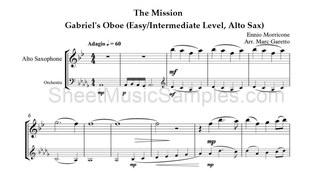 The Mission - Gabriel's Oboe (Easy/Intermediate Level, Alto Sax)