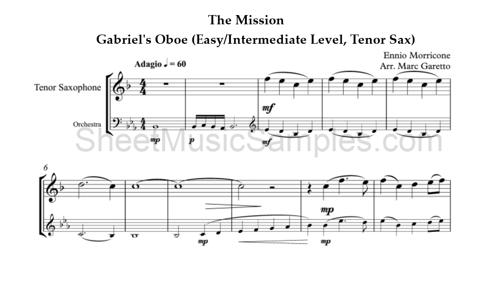 The Mission - Gabriel's Oboe (Easy/Intermediate Level, Tenor Sax)