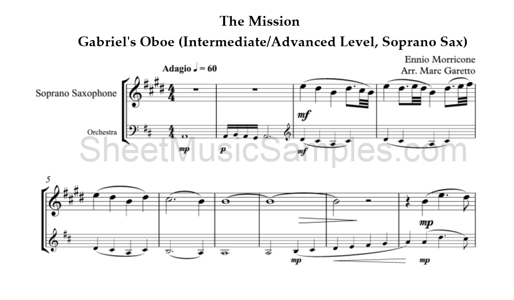 The Mission - Gabriel's Oboe (Intermediate/Advanced Level, Soprano Sax)