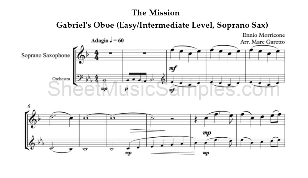 The Mission - Gabriel's Oboe (Easy/Intermediate Level, Soprano Sax)