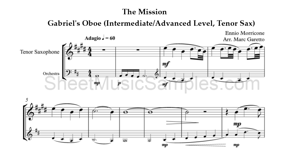 The Mission - Gabriel's Oboe (Intermediate/Advanced Level, Tenor Sax)