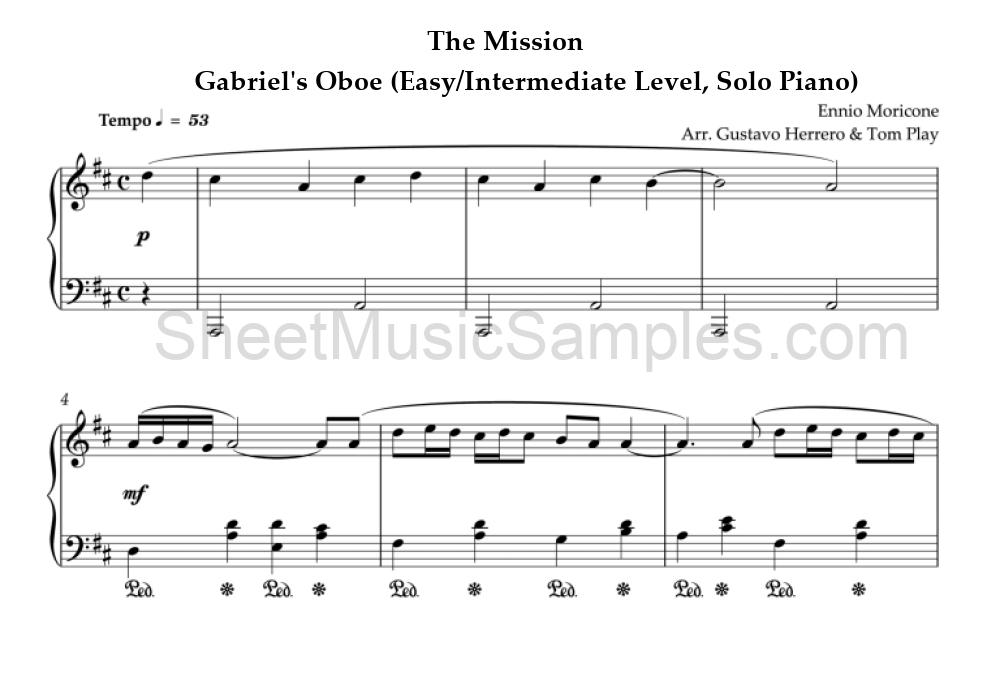 The Mission - Gabriel's Oboe (Easy/Intermediate Level, Solo Piano)