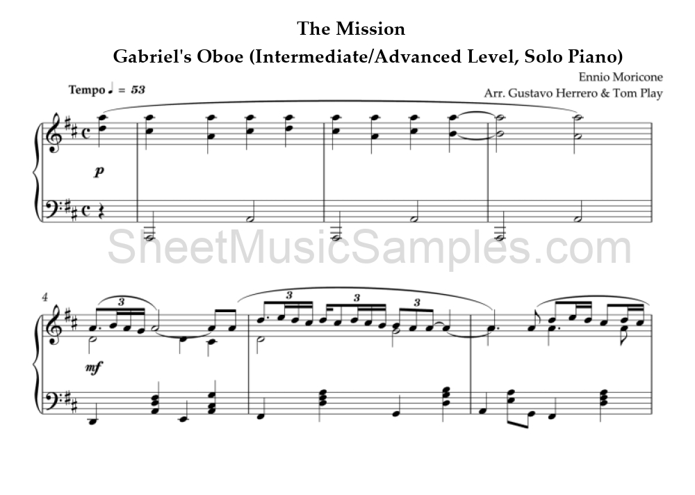 The Mission - Gabriel's Oboe (Intermediate/Advanced Level, Solo Piano)